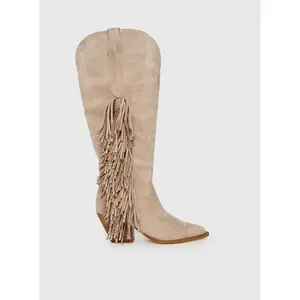 Billini Ardie Faux Suede Tassel Cowboy Boots Light Beige