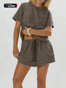 Women's Striped Knit Co-ord Set, Crew Neck Short Sleeve Loose Fit Top, Elastic Drawstring Adjustable Waist Shorts, Soft Stretchy Breathable Fabric, Loungewear, Daily Casual & Vacation Wear, Relaxed Minimalist Casual Style 2 Piece, Clothes, Womenswear