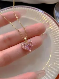 Heart Zircon Necklace for Girls, Simple Fashion High-Quality Collarbone Chain, Sweet Peach Heart Design, Elegant Jewelry