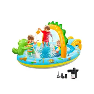 Dinosaurs Inflatable Play Center Kiddie Pool With Slide And Sprinkler For Children, 8ft X 5ft X 9.5in Baby Pool For Backyard And Garden, Free Inflatable Pump