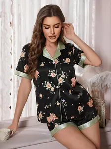 Women's All Over Print Floral Button Front Shirt & Shorts Pyjama Set, Comfort Two-piece Pj Set for Homewear, Women's Sleepwear for All Seasons, Loungewear