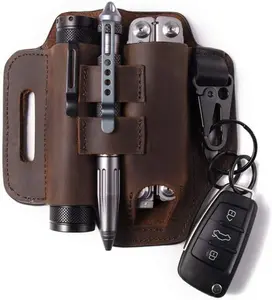 Multitool Belt Sheath, EDC Leather Belt Organizer, Belt Holder with Multitool Pouch, Flashlight Holder, Pen Holder and  Clip, Practical EDC Belt Pouch for Men