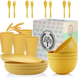 Wheat Straw Dinnerware Sets,  20 count Unbreakable Microwave Dishwasher Safe Tableware Lightweight Bowls, Cups, Plates Set  Dinner Plates Bowls set (Yellow)