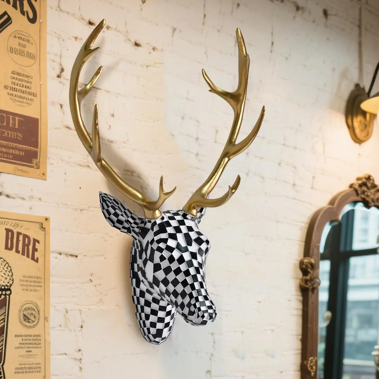 Mosaic Deer Head Wall Decor 15.7x8.7 Inches, Artistic Resin Animal Portrait Sculpture, Hanging Decoration Items for Living Room, Bedroom, Kitchen, Office, Modern Home Wall Decor