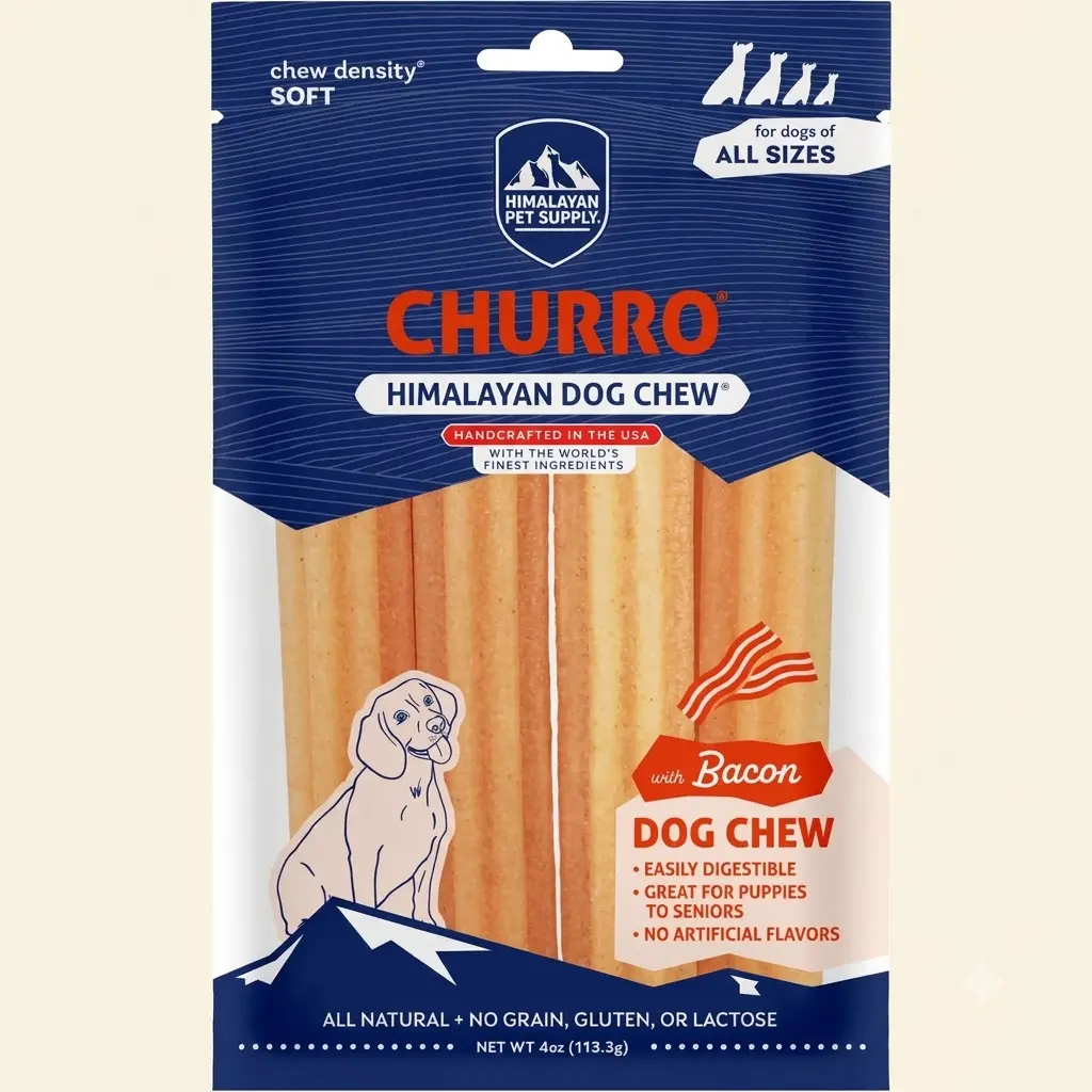 Himalayan Dog Chew Churro Soft Yak Cheese Treat Bacon 4 Sticks Soft Density Dental Support Grain Free Dog Treats