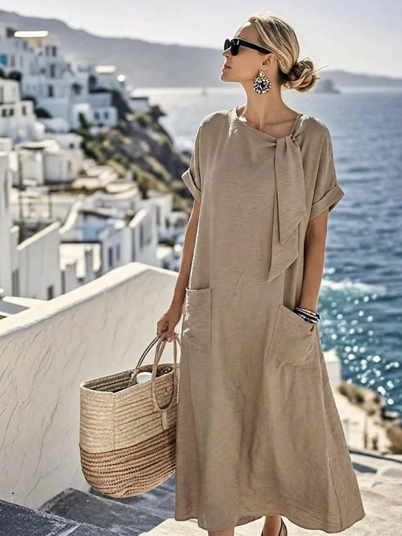 New Pleated Long Dress, Round Neck Short Sleeve, Loose Fit, Tie Details, Casual Office, Summer Vacation, Ice Blue, Linen Dress, Women's Summer Dress, Casual Wear, Basic