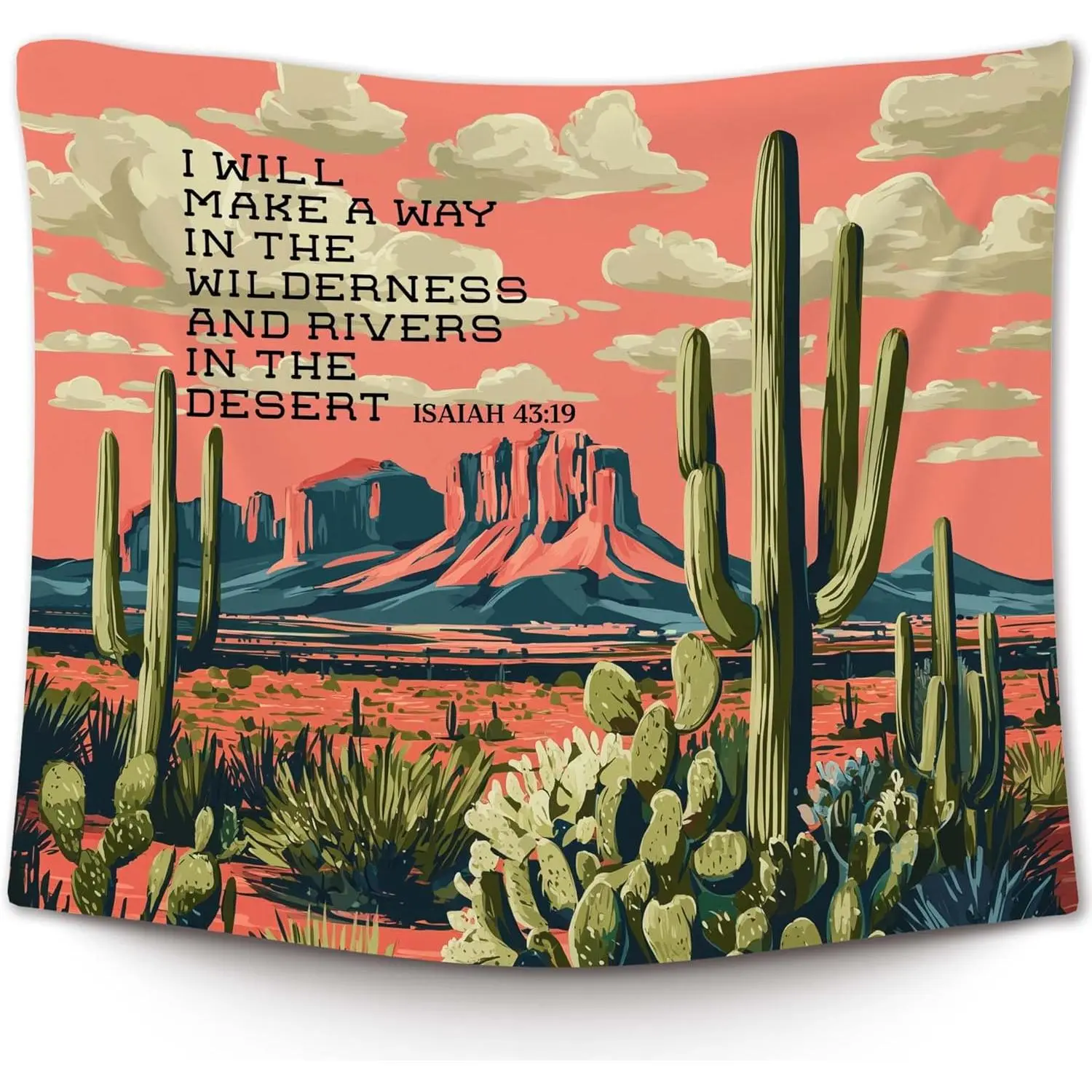 Christian Western Wall Tapestry, Bible Verse Wall Tapestry Hanging for Bedroom, Southwestern Cactus Desert Landscape Religious Tapestries Decor Art for Home Living Room Office 50x60in