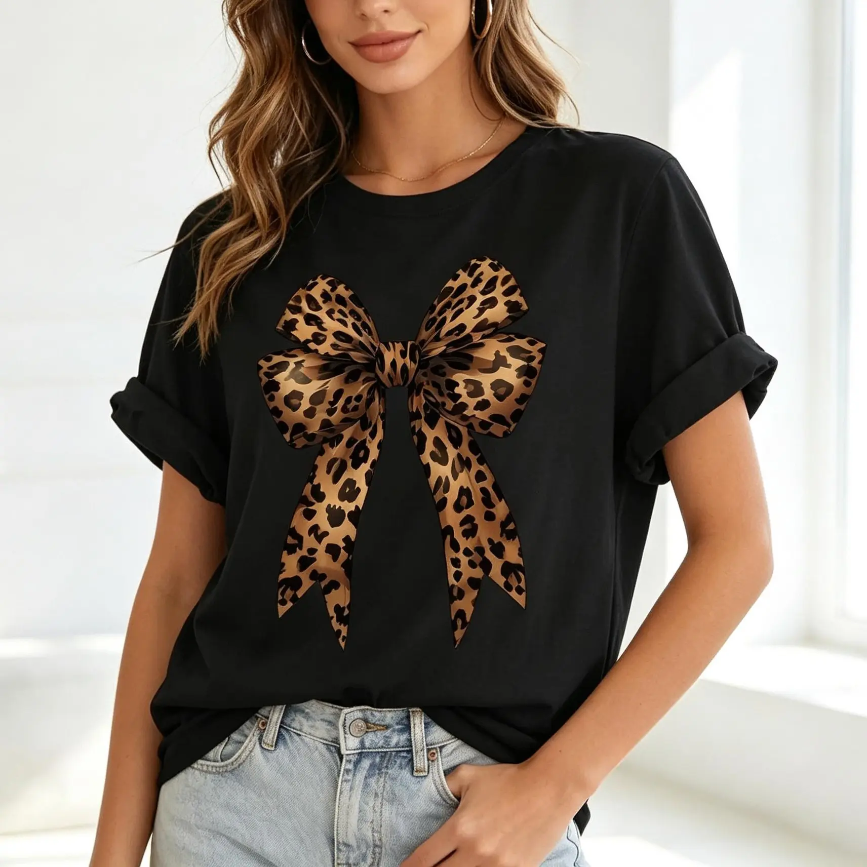 Women's Casual T-Shirt with Leopard Print Bow Graphic, Soft  Short Sleeve Crewneck for Summer, Shortsleeve, T Shirts For Women,T-Shirt Top