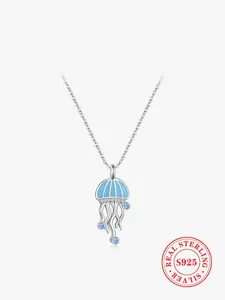 925 Sterling Silver Jellyfish Design Pendant Necklace, Artificial Gemstone Decor Necklace for Women for Gift, Fashion Jewelry Accessories for Daily Wear