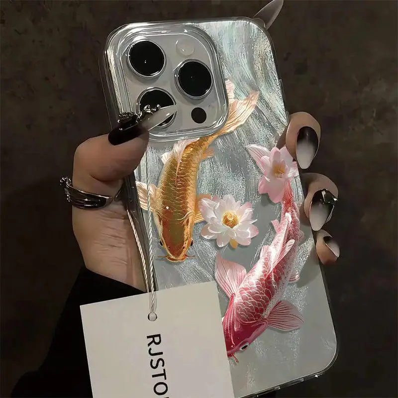 Koi Fish & Lotus Pattern Phone Case, Clear Phone Cases for iPhone 16 15 14 13 12 11 Pro Max X XS XR, Phone Accessories, Cover