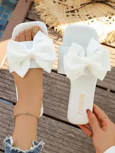 Women's Wide Width Flat Sandals, European Style Open Toe Design, Bow Detail Fabric Material, Perfect for Beach and Outdoor Use, Rubber Sole