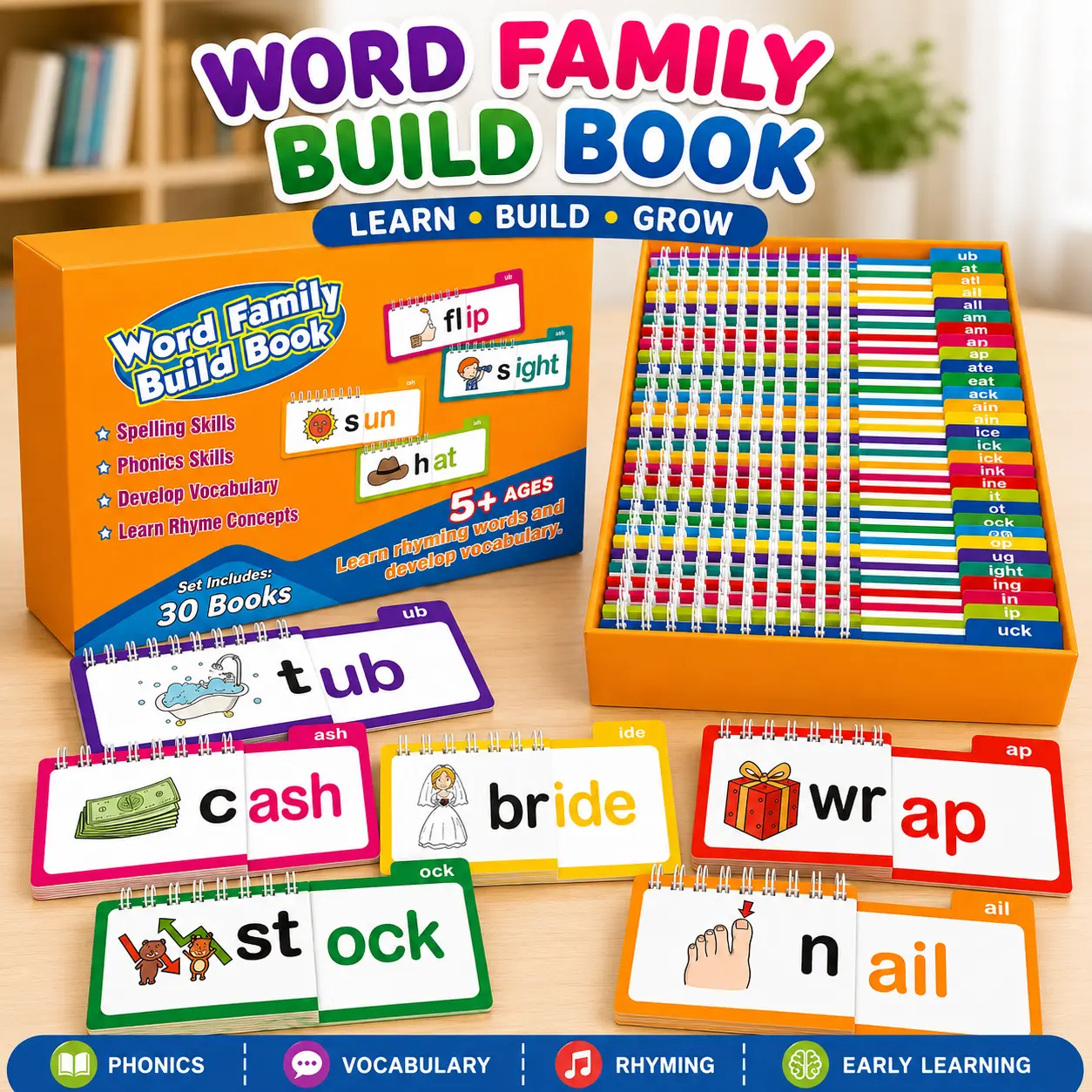 30 Hardcover Read-and-Rhyme Flip Books for Preschoolers - Includes ABC Vocabulary Flash Cards, Phonics Tools, Interactive Games, Extra Materials; Durable Design to Build Vocabulary, Boost Comprehension, Encourage Early Literacy