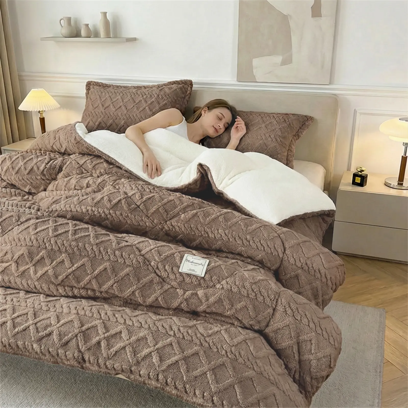 Queen Size 3 Piece Luxurious Fluffy Faux Fur Comforter Set | Winter Warm Thermal Fluffy Bedding | Soft Velvet Embossed, Leak-Proof No Filling Leakage, Anti-Static, Machine Washable Fluffy Bed Set Bedroom Essentials