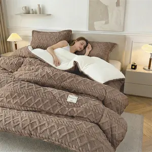 Queen Size 3 Piece Luxurious Fluffy Faux Fur Comforter Set | Winter Warm Thermal Fluffy Bedding | Soft Velvet Embossed, Leak-Proof No Filling Leakage, Anti-Static, Machine Washable Fluffy Bed Set Bedroom Essentials