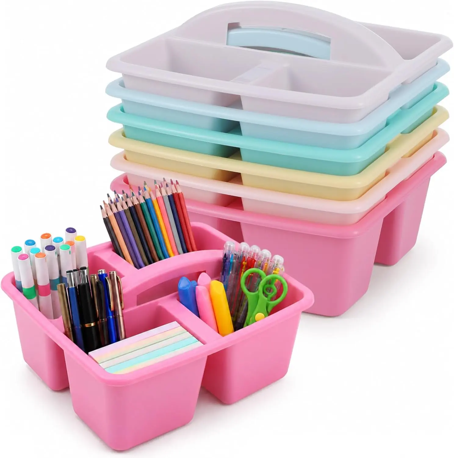 6 Pack Assorted Colors Classrooms Caddy 4 Compartment Classroom Caddy Compartment Caddies Set Table Caddies Classrooms with Handle for Classroom Organization Table Desk Office Supplies(Pink Purple)