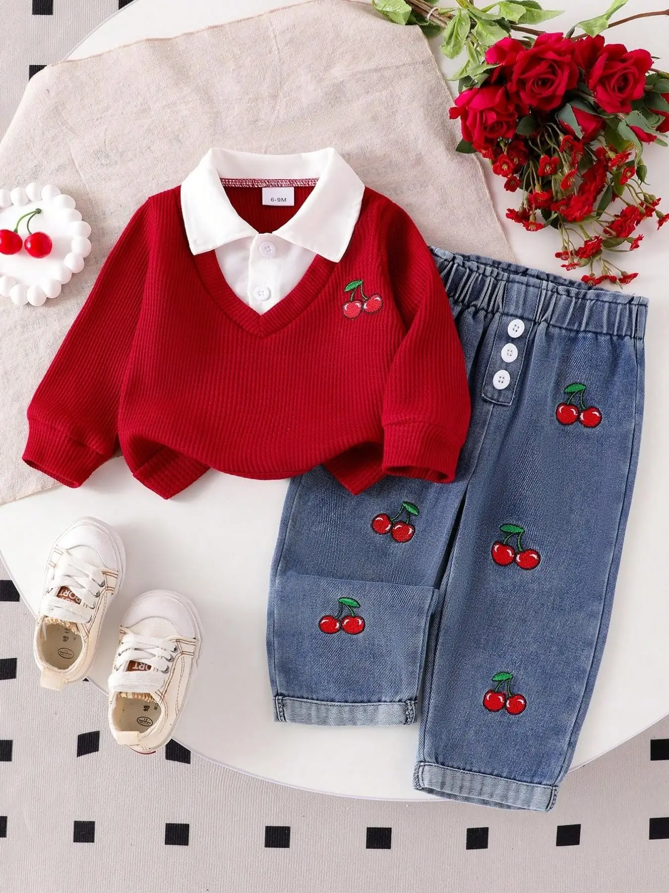 Newborn Girls' Fashion 2-Piece Set, Cherry Embroidery Long Sleeve Top and Mid-Waist Button Denim Jeans, Stylish Baby, Baby Clothing