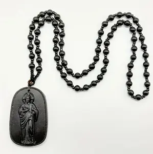 Saint Jude Rosary Necklace with San Judas Tadeo Pendant Black Beads Catholic Jewelry