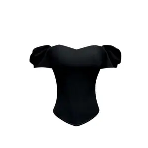 Women's Puff Short Sleeve Boned Corset Crop Top Sweetheart Neck Black Elegant Coquette Old Money Going Out Date Night Bustier Top