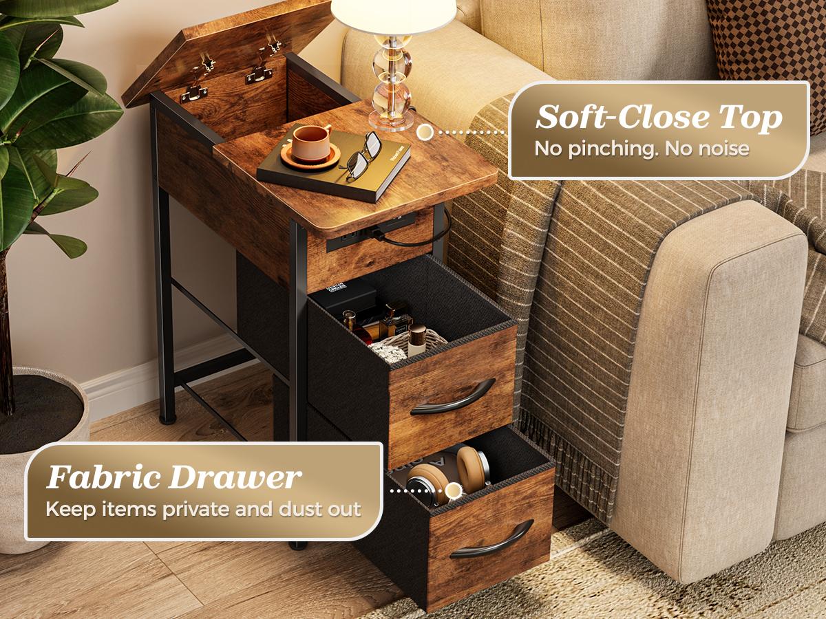 Huuger Narrow End Table with Charging Station, Flip Top Side Table with 2 Fabric Drawers, Slim Night Stand with USB-C Port for Small Spaces, Nightstand Bedside Couch Table, Living Room Huuger Narrow End Table with Charging Station, Flip Top Side Table with 2 Fabric Drawers, Slim Night Stand with USB-C Port for Small Spaces, Nightstand Bedside Couch Table, Living Room