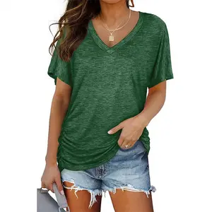 【Clearance Sale】MIDIROSS WOMEN'S LOOSE FIT SHORT SLEEVE V NECK SHIRTS WITH SIDE SHIRRING