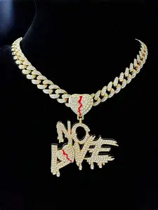 1pc Hip Hop Fully Rhinestone Cuban Chain Patchwork Letter & Heart Pendant Necklace, Suitable For Daily Wear, Party, Holiday