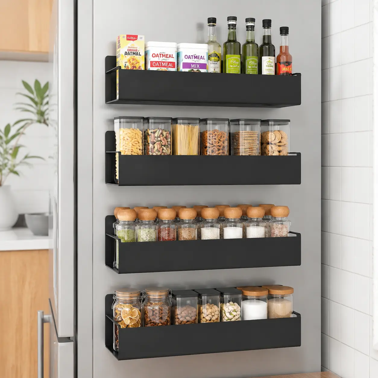 4-Pack Black Metal Magnetic Spice Rack Organizer with Hooks, Durable Adjustable Storage for Refrigerator, Oven, Kitchen Home Organizer,Multifunctional Organizer