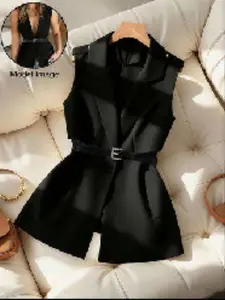 2026 New Women's Blazer Lapel Single Button Tie Waist Sleeveless Vest, Slimming Fit Vest, Casual Office Wear, Lightweight Professional Style
