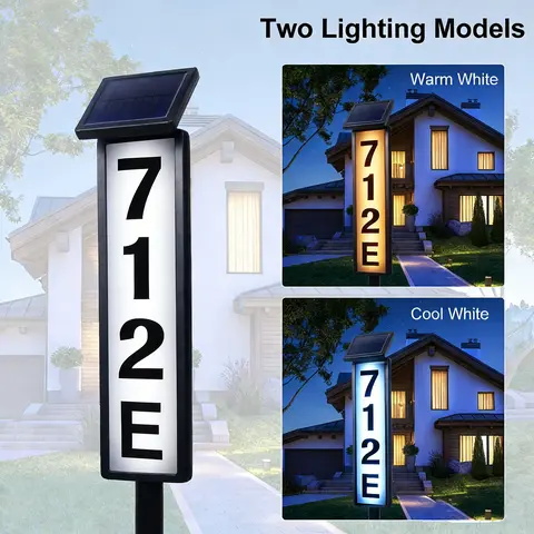 Outdoor Solar-Powered LED Lighted Address Sign - Black Aluminium Frame, Stainless Tube, Waterproof, Adhesive Backing, High-Contrast Dusk-Visible Numbers, 2 Lighting Modes, Home Signboard, Yard Home Decor