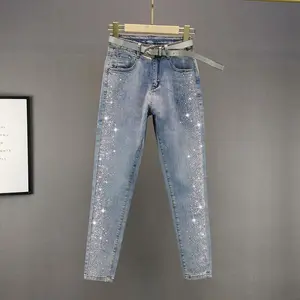 European Style Rhinestone Jeans for Women Trendy 2025 Autumn Cotton Stretch Slim Fit High Waist Ankle-Length Skinny Pants