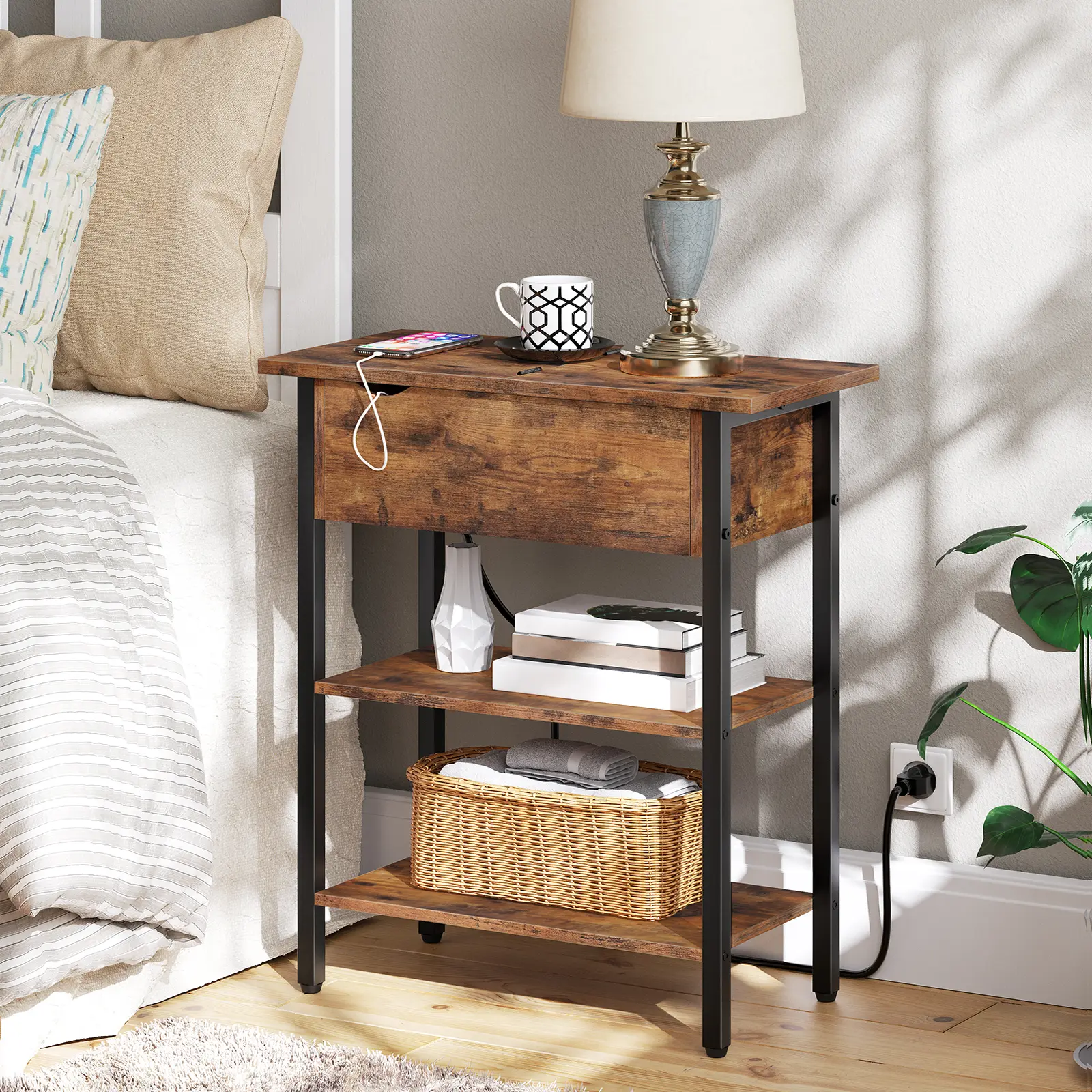 HOOBRO Flip Top Nightstand with USB Ports and Outlets, End Table with Charging Station, Narrow Side Table, Bedside Tables with Shelf for Small Spaces, Living Room, Rustic Brown #SummerVibes