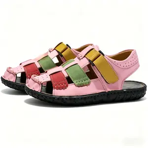 Women's Colorful Block Closed-Toe Sandals, Comfortable Leather-Look Adjustable Strap Flat Shoes, Non-Slip Rubber Sole, Summer Casual Beach Outdoor Walking Sandals Footwear Slide fur Flipflop Slipper Girl