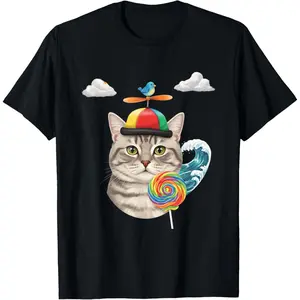 Funny Propeller Hat Cat Lollipop Art T-Shirt