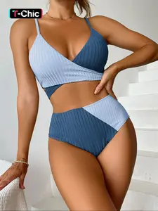 Two-Piece Set Women's Colorblock Patchwork Criss Cross Bikinis Set, Casual Knot Design Swim Top & High Waist Swim Bottom, Ladies Summer Swimwear, Criss Cross Swimsuits