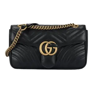 Pre-owned GUCCI Leather Shoulder Bags GG Marmont 26 Medium Shoulder Bag in Black Matelassé with Gold Tone Metal