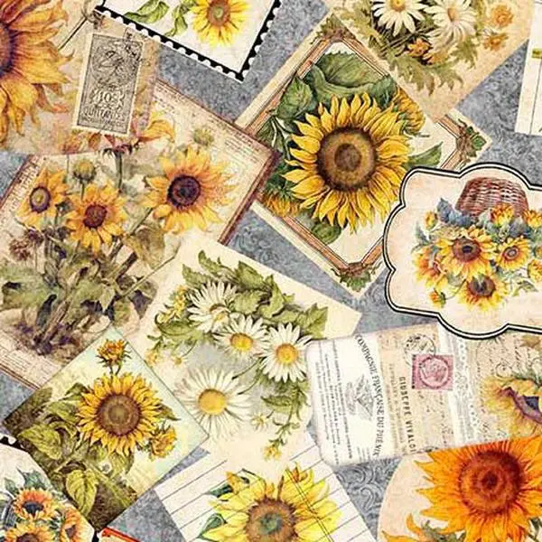 Fabric QT Gray Sunflower Ephemera Sunflower Serenade by the Quarter Yard 31802-K