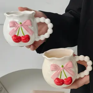 3D Cherry & Bow Ceramic Mug, Pearl Handle Aesthetic Coffee Cup, Kawaii Milk Cup, Cute Cottagecore Drinkware, Unique Birthday Gift for Her, Reusable Coffee Mug