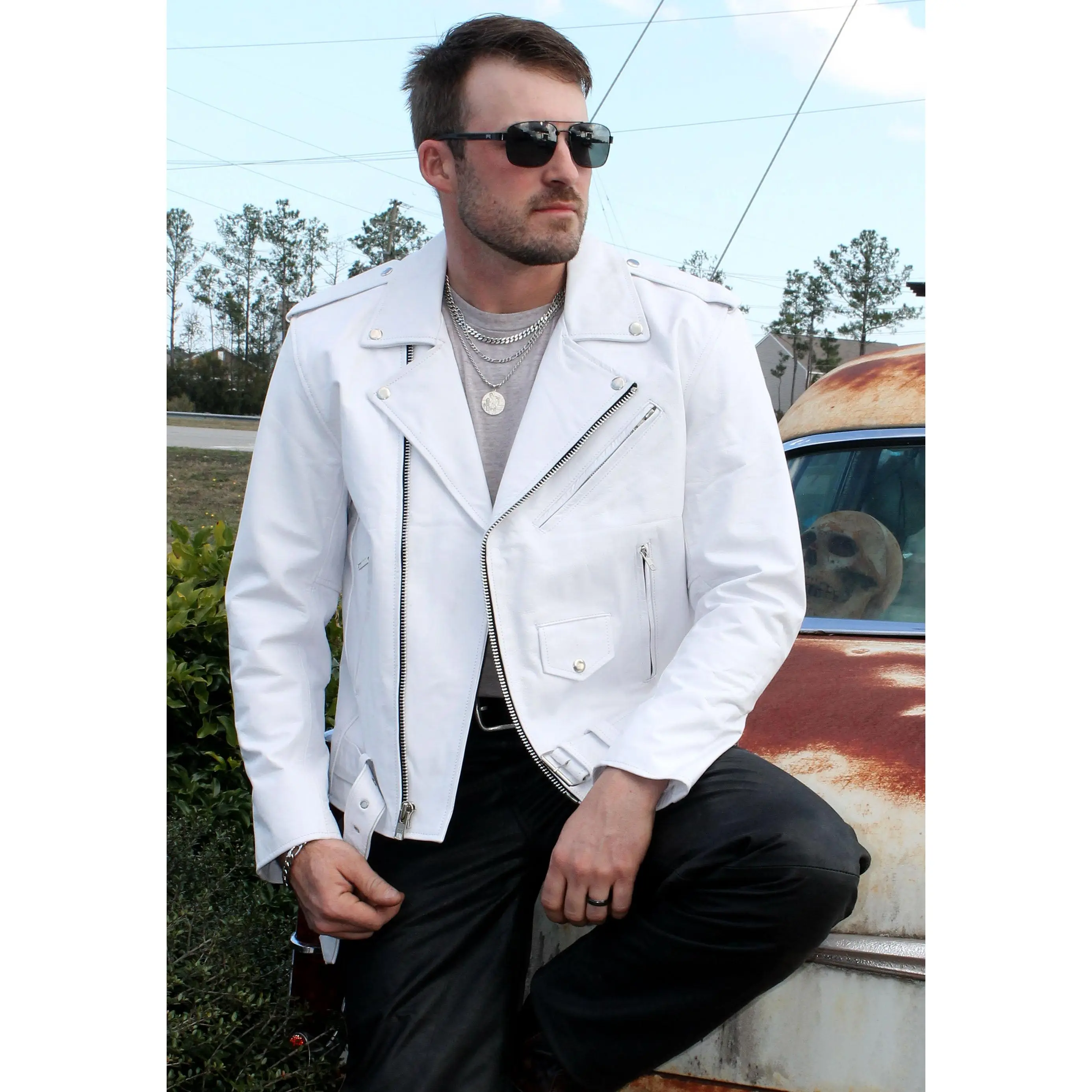 Men's White Leather Motorcycle Jacket w/Concealed Pocket #M111GW