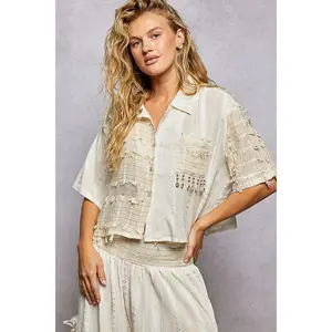 POL Clothing Cropped Woven Cotton Button Up Top with Beaded Tassel Accent