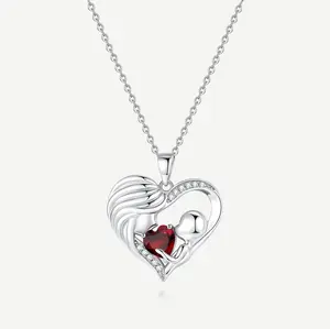 Mother and Child Love Heart Necklace in Sterling Silver with Garnet
