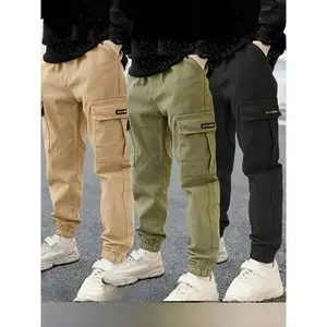Boys' Tactical Cargo Pants 3-Piece Set, Kids Fashion, Elastic Waist Loose Fit with Pockets, Non-Stretch Durable Fabric, Solid Color Design, Active Kids All-Season Outdoor Wear for Spring Autumn