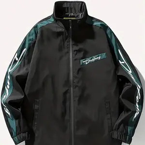 Men's Green & White Polyester Retro Zip-Up Jacket - Vintage Windbreaker with Casual Stand Collar, Machine Washable, Spring/Fall Outerwear