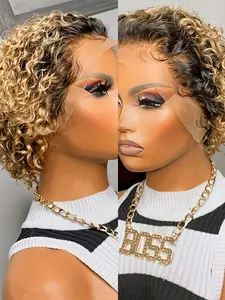 1B/27 Color Women's Short Curly Wave Human Hair Wig , 13x1 Lace Front Human Hair, Daily Casual Party Halloween Christmas Wig, 150% Density