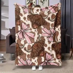 1 Piece Highland Cow and Pink Bow Flannel Blanket - Soft and Warm for All Seasons, Suitable for Office, Bed, Sofa, Camping - Modern Comfortable Gift with Background Pattern Cow Blanket