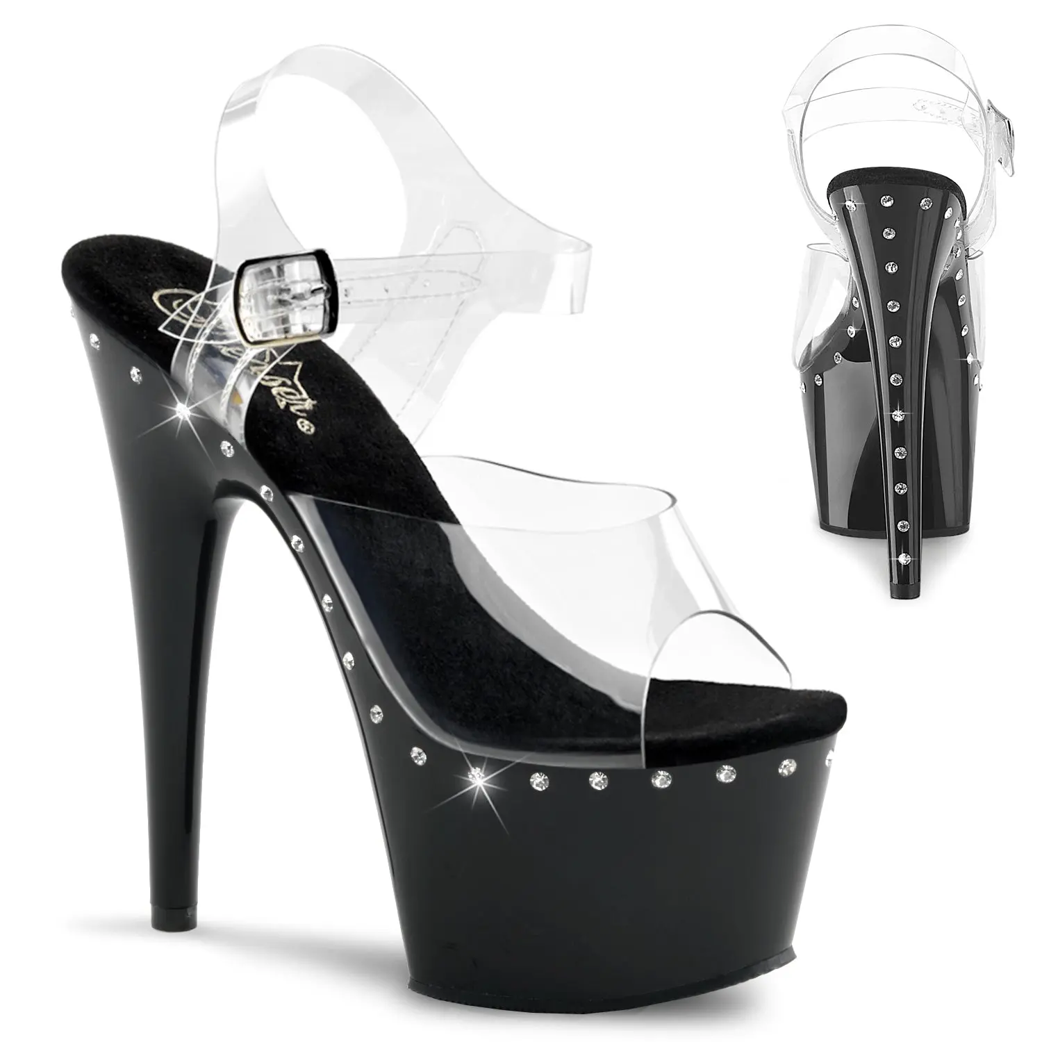 Pleaser Adore-708LS Women's Rhinestone-Embellished Ankle Strap Platform Sandals Women - High Heels Stiletto Statement Shoes for Night Out, Watch Party, Classy Fashion, Clear/Black Footwear, Stylish, Elegant, Edgy