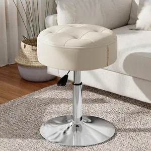 (R) White Adjustable Vanity Stool Heavy Duty 300lbs, Fire-Resistant & 360? Swivel & Height Adjustable Stool for Vanity Desk Bathroom Bedroom, Small Vanity Chair for Makeup Room, Round Ottoman