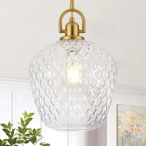 Brushed Gold Pendant Lights Kitchen Island, 10" Large Glass Pendant Light with Hammered Glass Modern Hanging Lighting Fixtures for Kitchen Island Dining Room Entryway Foyer