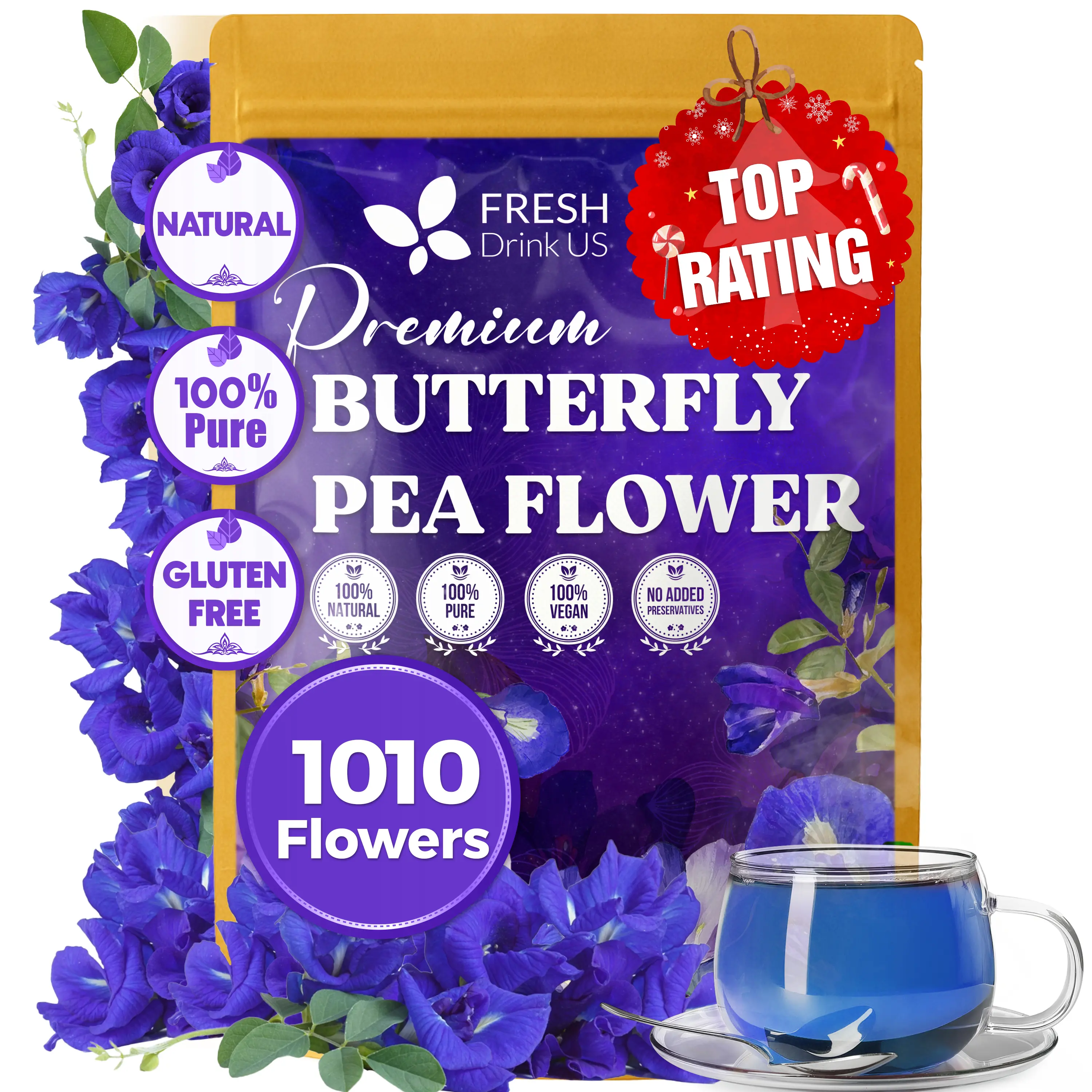 【FreshDrinkUS】 Premium 1010+ Butterfly Pea Flowers, 100% Natural & Pure from Whole Blue Butterfly Pea Flowers, Wildcrafted, Dried Blue Butterfly Pea Flowers Herbal Tea, No Gluten, Vegan