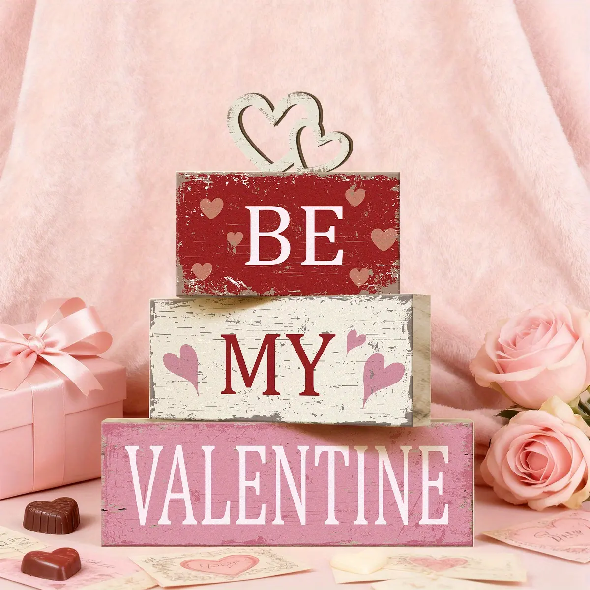 4 Pcs Valentine Decorative Sign & Plaque Be My Valentine Wooden Blocks with Hearts, Table Centerpiece, Tiered Tray Decor & Decorative Stacked Blocks for Coffee Table, Fireplace Mantel, Floating Shelf