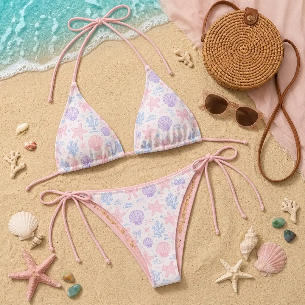 Pastel Ocean String Bikini, Coquette Mermaidcore Bathing Suit, Cute Seashell Beachwear, Coastal Bow Two Piece Swimwear, Fairycore Swim, Women's Pastel Ocean String Bikini Set - Coquette Mermaidcore Bathing Suit, Coastal Bow Two Piece Seashell Beachwear