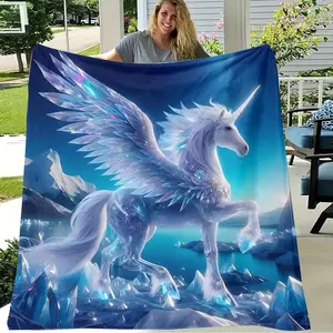 Unicorn Themed Tropical Style Flannel Throw Blanket - All-Season Knitted Polyester Bedding with HD Digital Print, Multipurpose Animal Patterned Cozy Blanket for Sofa, Bedroom, Gift - 1 Piece